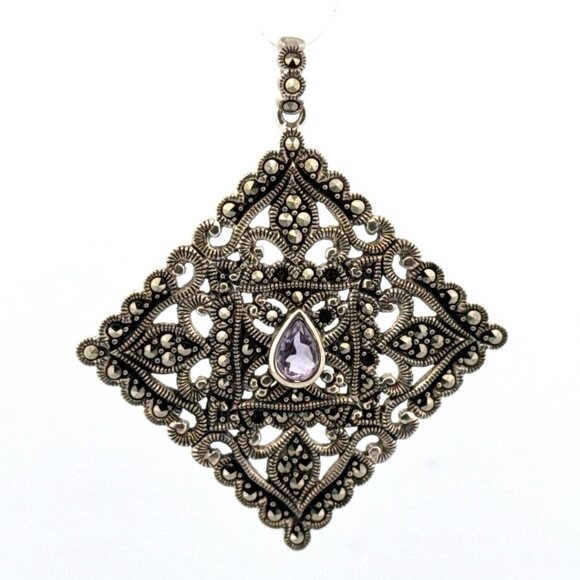 Estate Sterling Silver 925 Marcasite Filigree Pendant w/ Amethyst Center - Picture 1 of 8